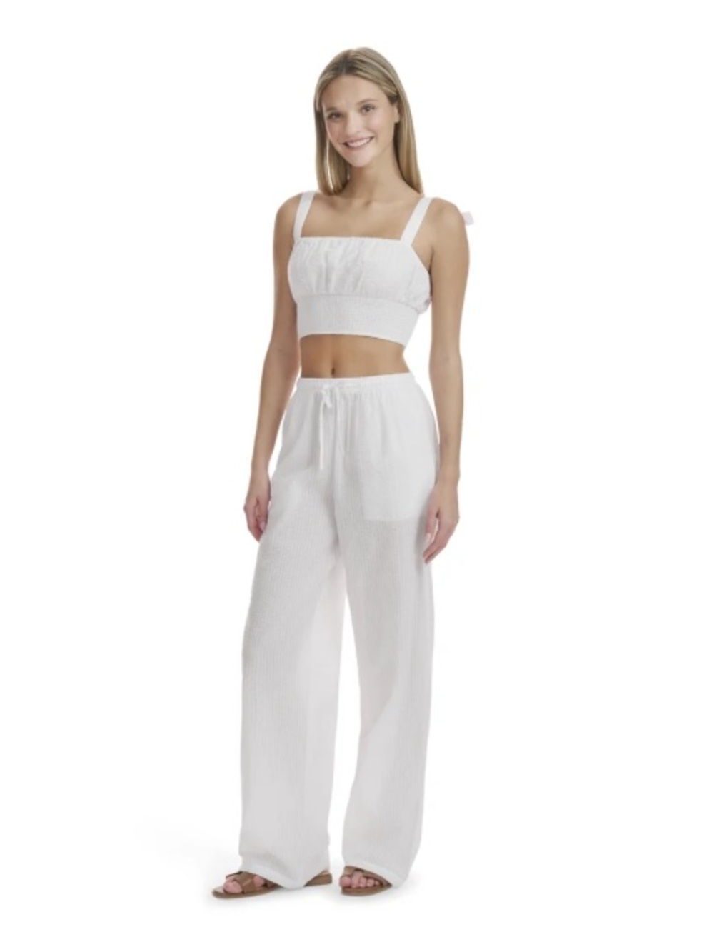 Mavi MEDIUM White Linen-Touch Elastic Waist Pants w/ Pockets Faux Drawstring